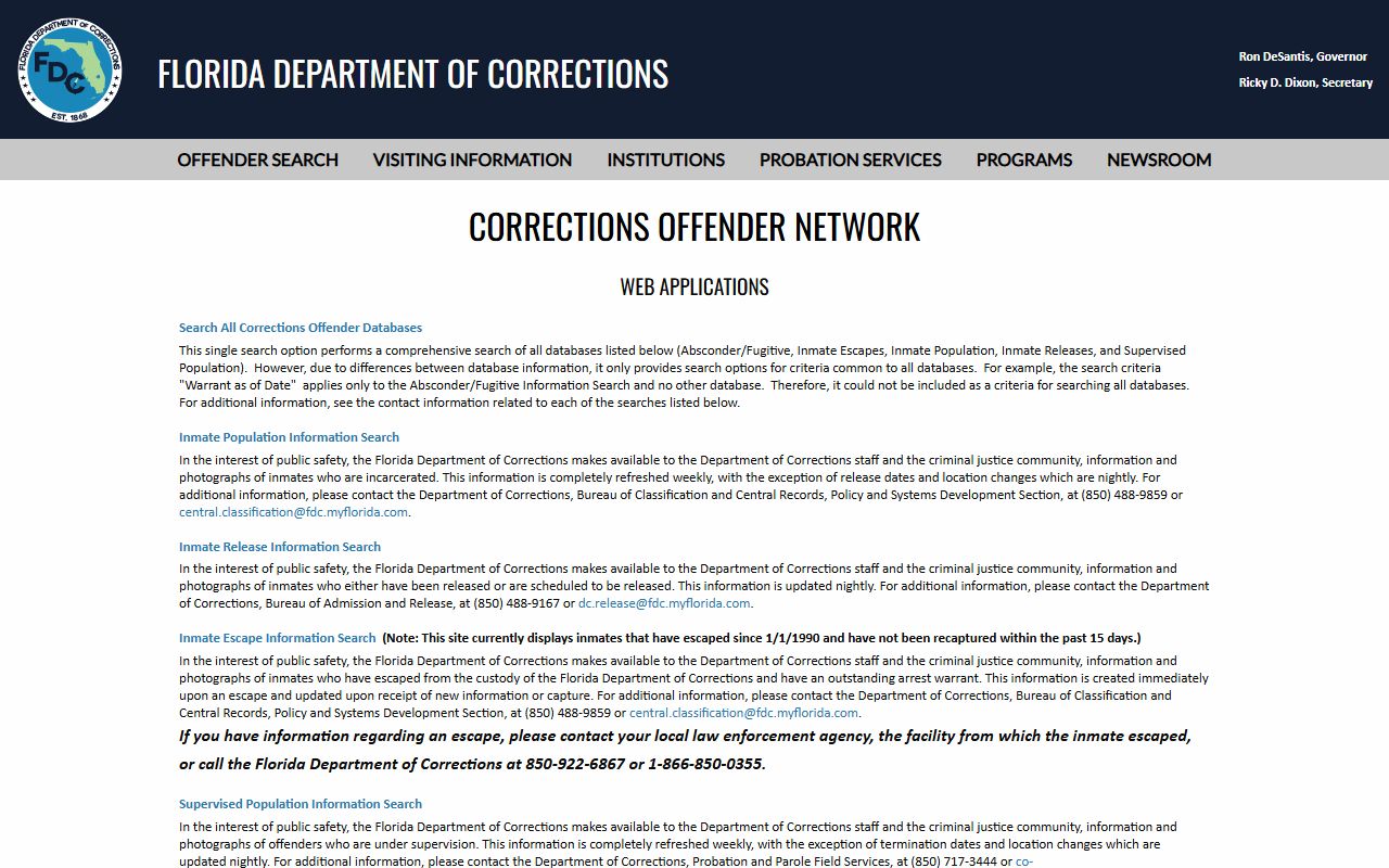 Florida Department of Corrections offender network menu used to search Martin Work Camp inmates