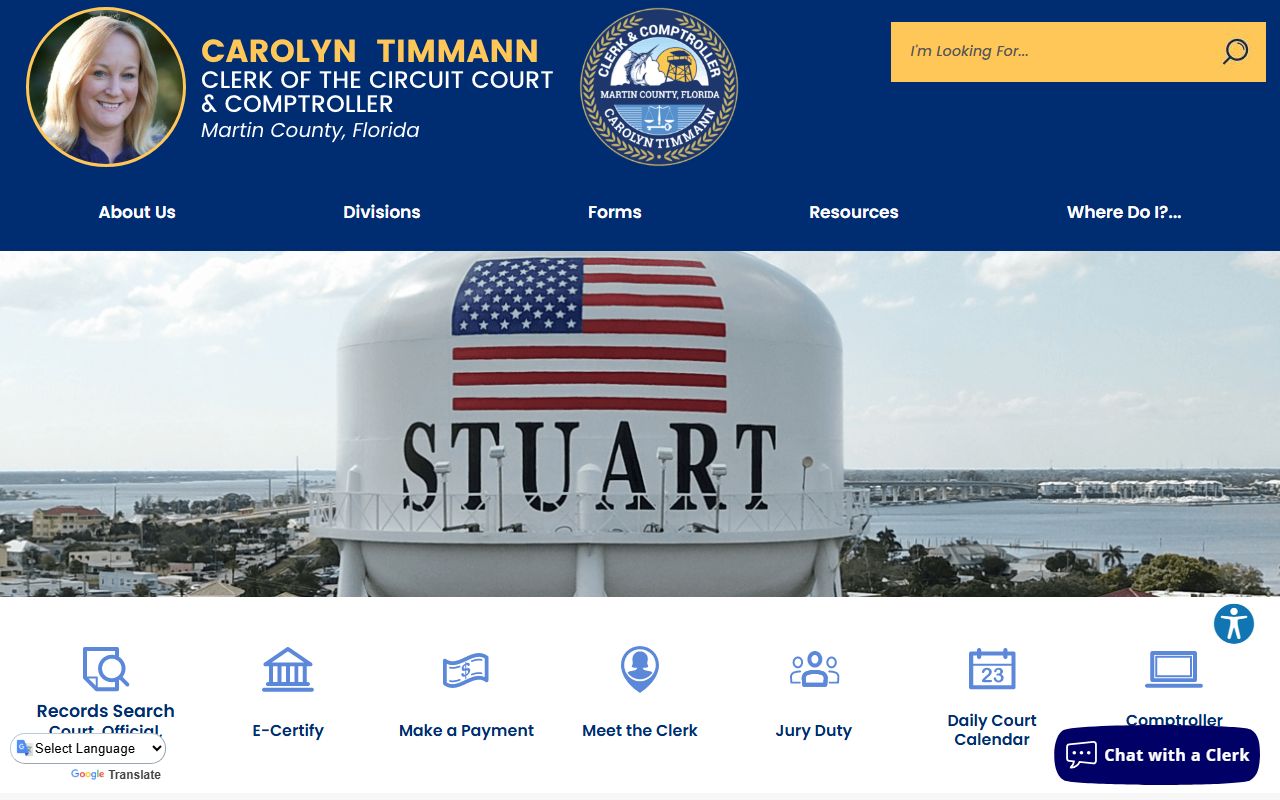 Martin County Clerk of Court home page for court records after an arrest