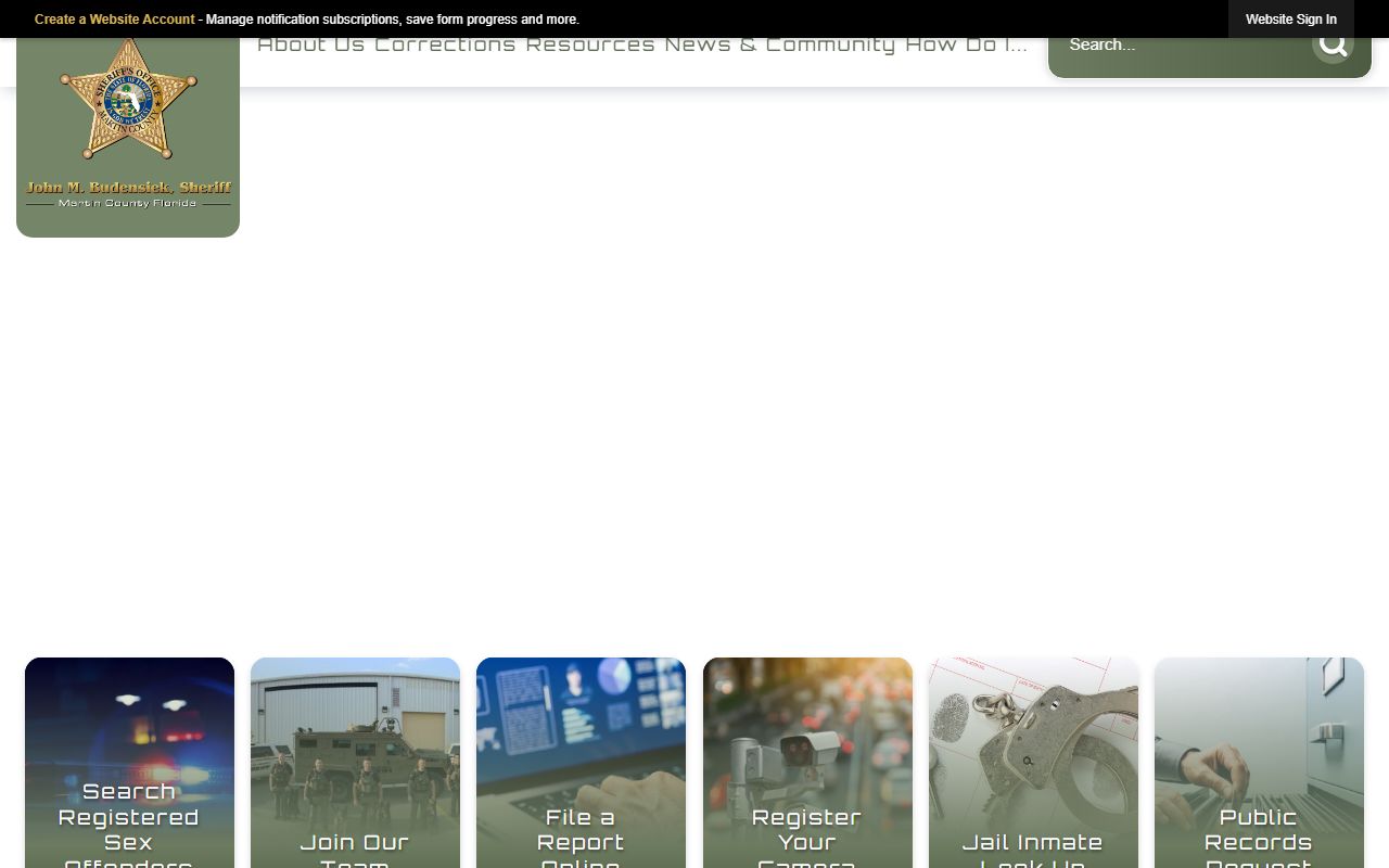 Martin County Sheriff's Office home page with the jail lookup and public records buttons