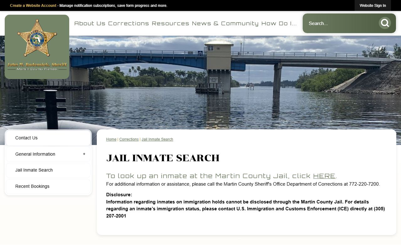 Martin County Sheriff's Office jail inmate search page linking to the official roster
