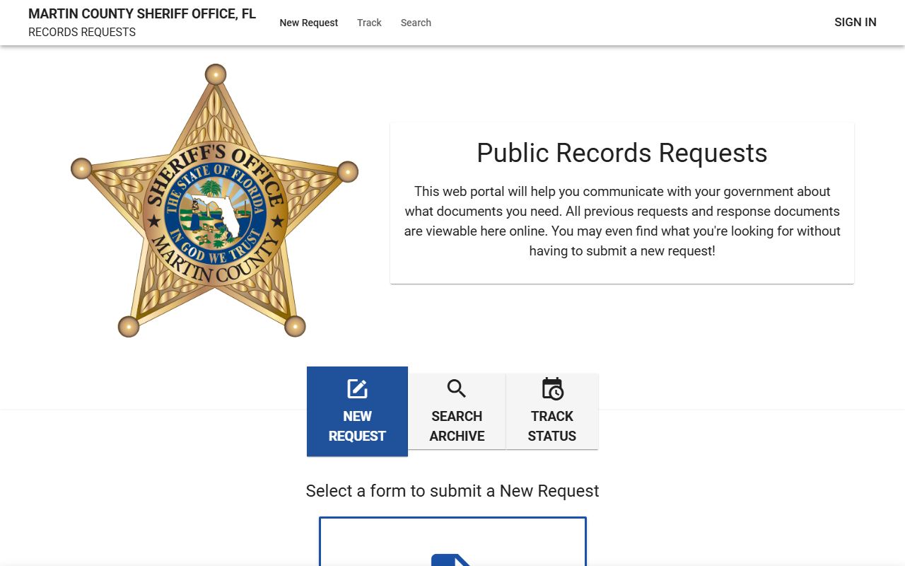Martin County Sheriff's Office JustFOIA public records request form for jail records