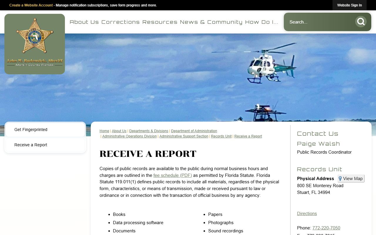 Martin County Sheriff's Office public records request page for booking photos