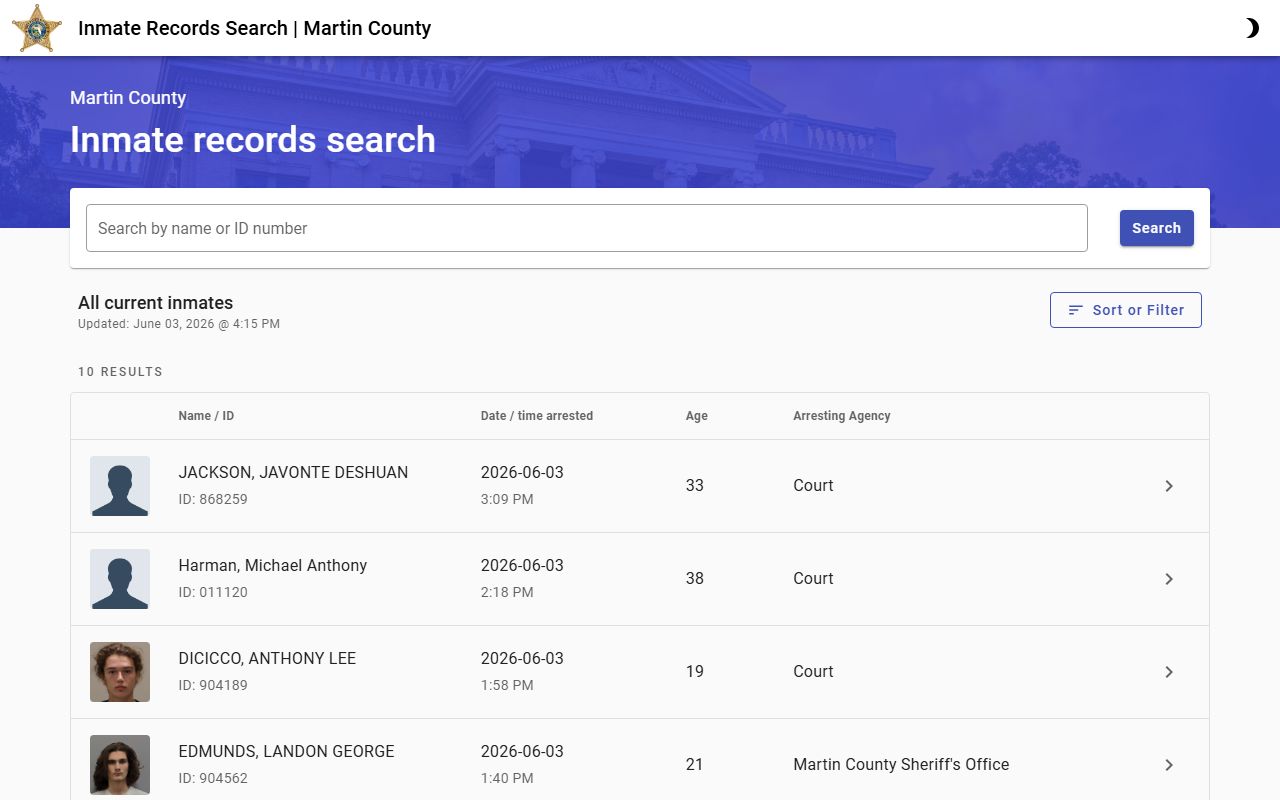 Martin County jail roster inmate search on the Tyler Corrections Records Search portal